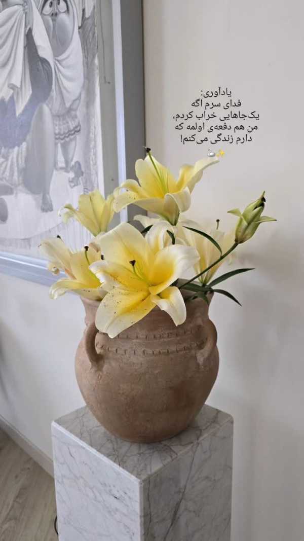 تصویر روز | مینا مختاری تابلوی دیواری خاص و گلدان سفالی جذاب در خانهاش گلدان سفالی مینا مختاری