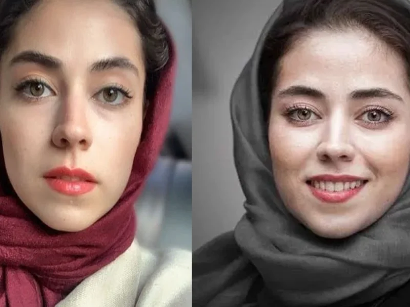 نیلوفر رجایی‌فر بازیگر با چشمانی بسته و ست مشکی